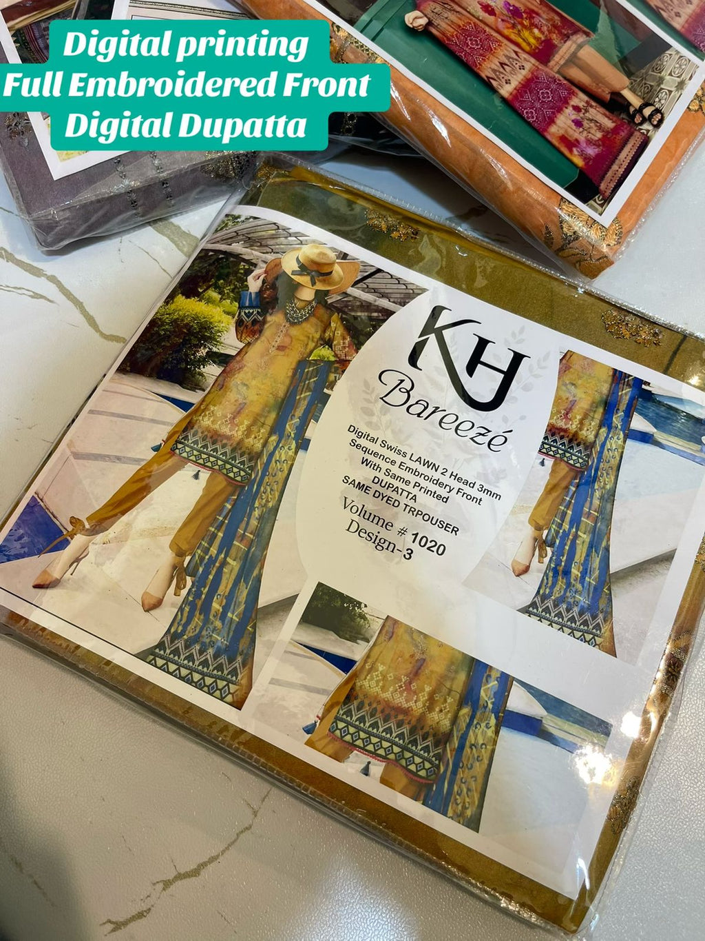 KH Bareeze 3 Piece Digital Lawn Suit – Heavy Sequence Embroidery | Summer Collection